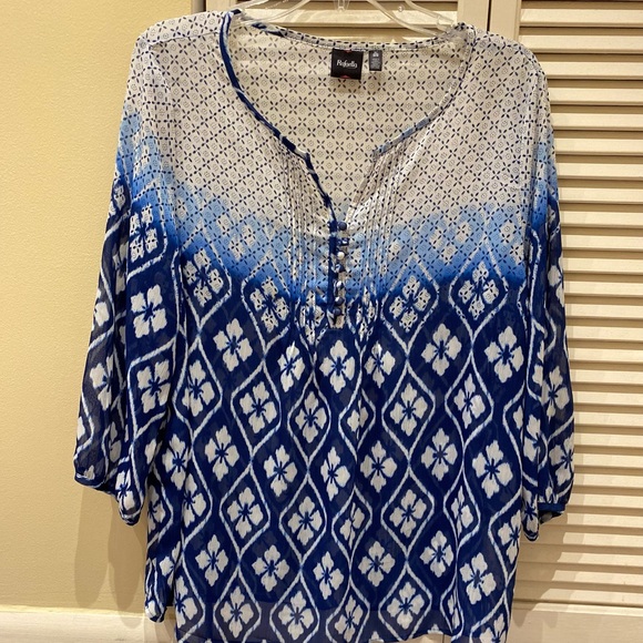 Rafaella Tops - Rafaella navy, white, and light blue boho gauze blouse